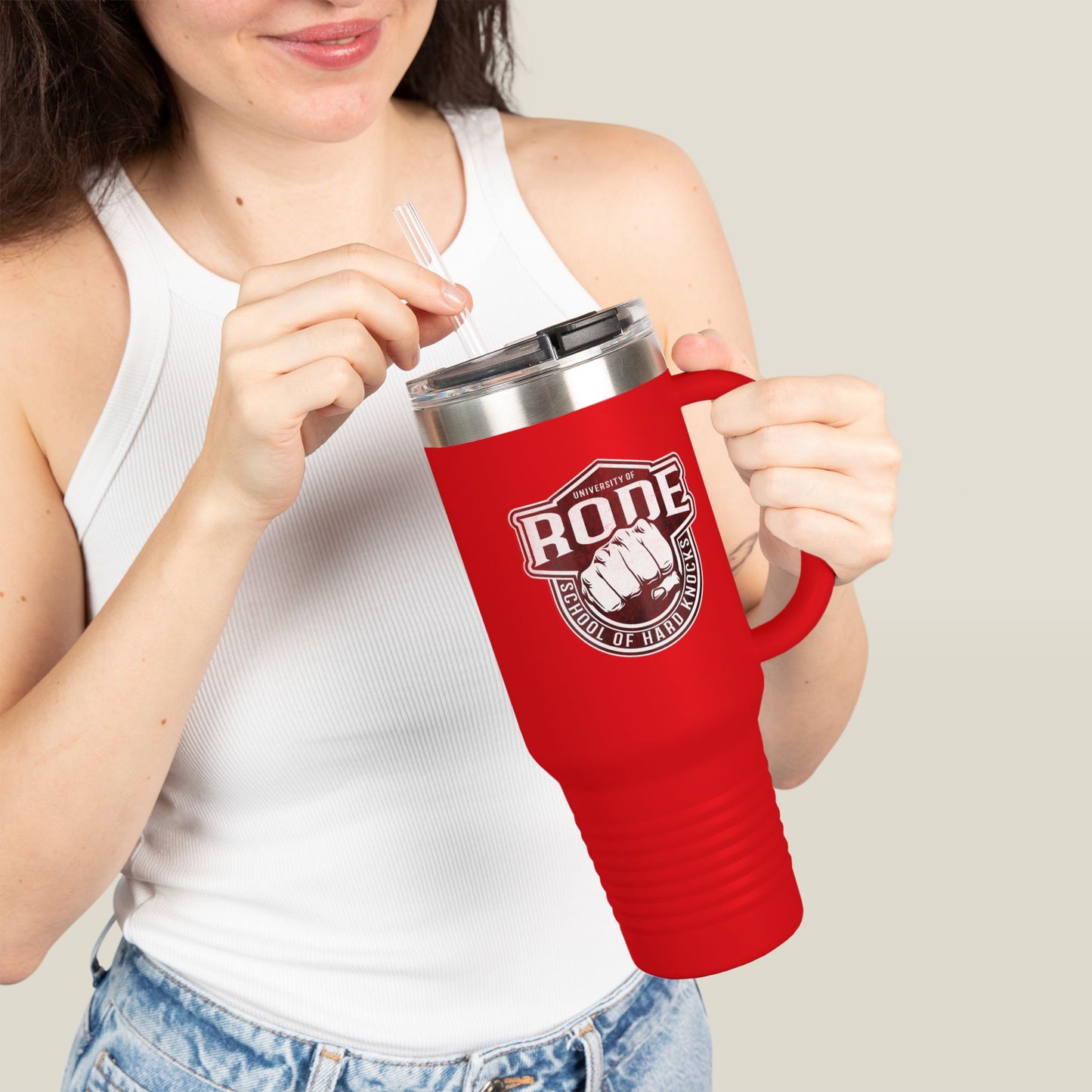 University of Rode Insulated Travel Mug - 40oz Red Coffee Cup with Straw